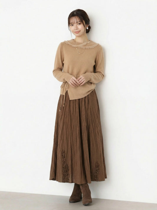 高腰大擺壓褶刺繡中長裙