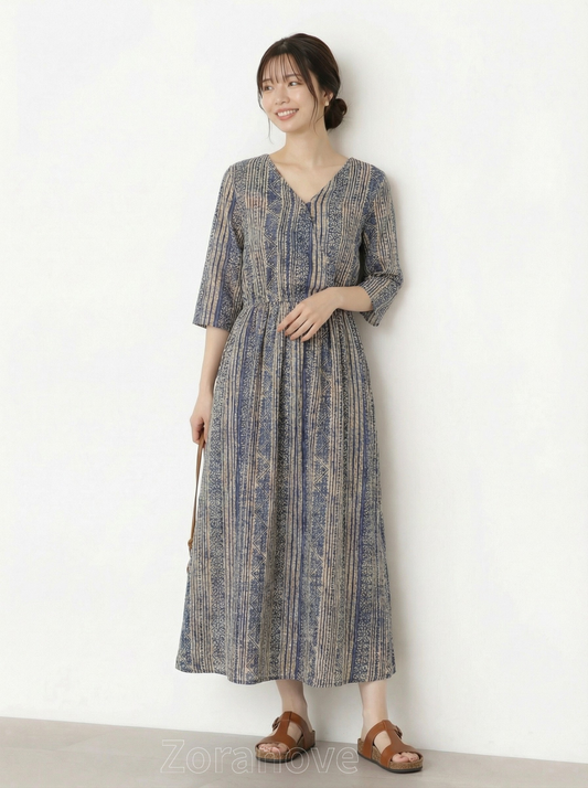 V領直條紋收腰長洋裝