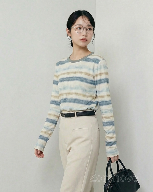 深綠色水彩風橫條紋圓領長袖T恤