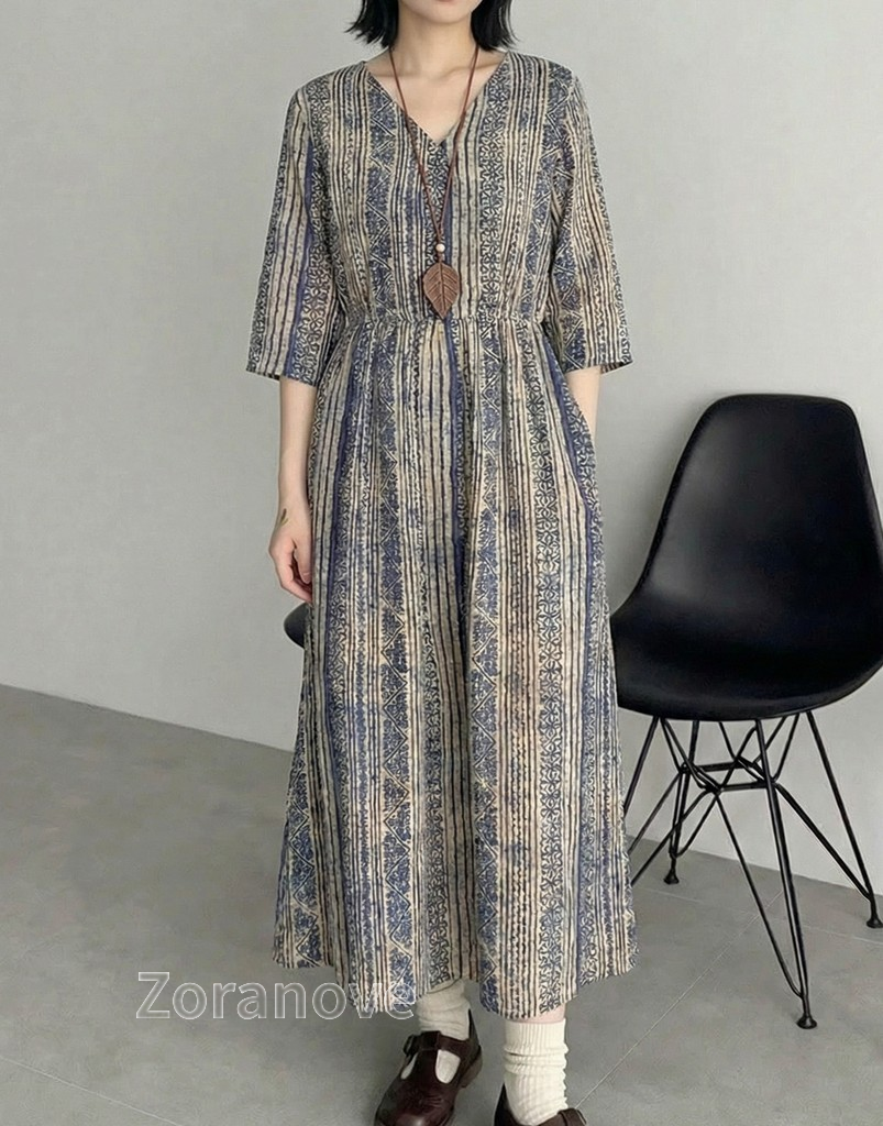 V領直條紋收腰長洋裝