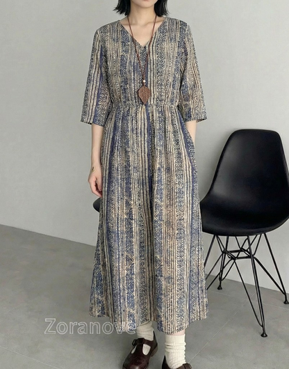 V領直條紋收腰長洋裝