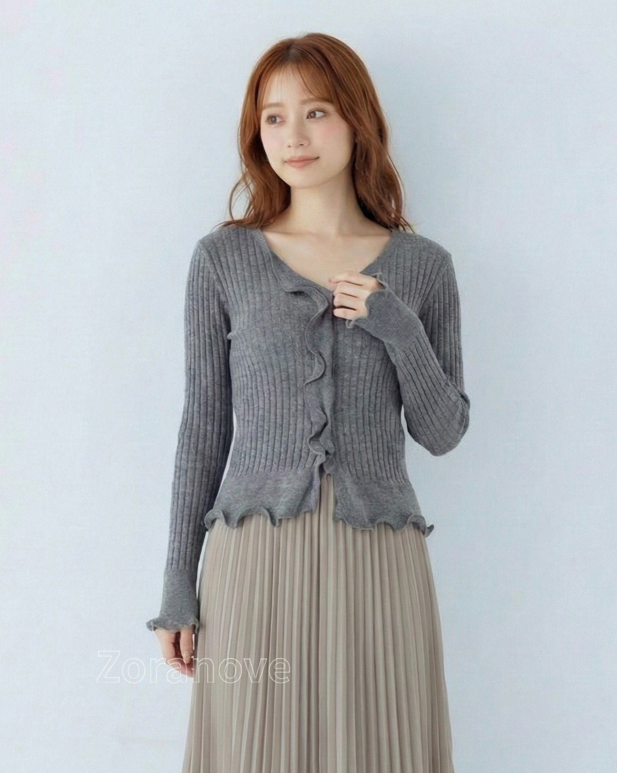 灰階V領荷葉邊修身羅紋針織上衣