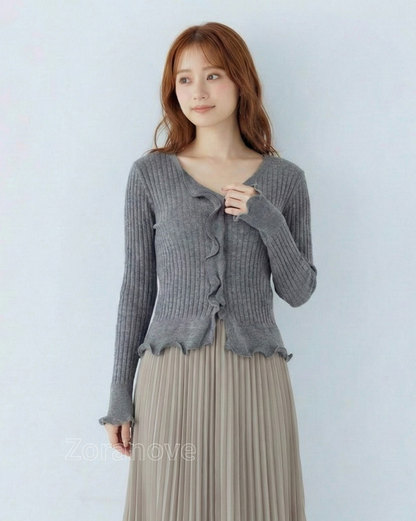 灰階V領荷葉邊修身羅紋針織上衣