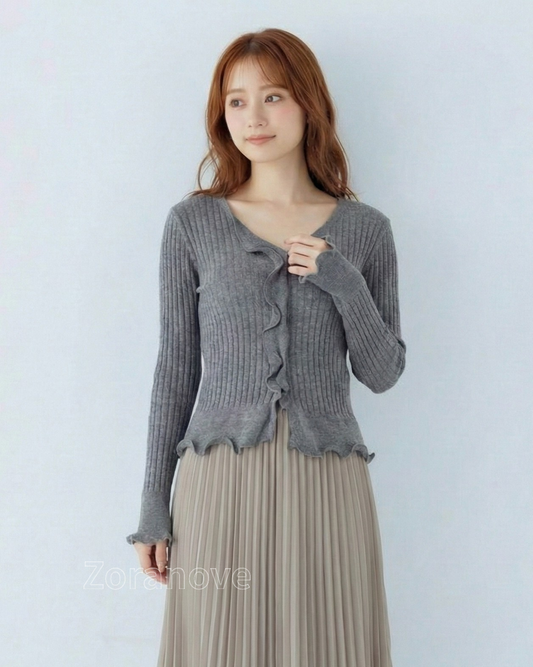 灰階V領荷葉邊修身羅紋針織上衣