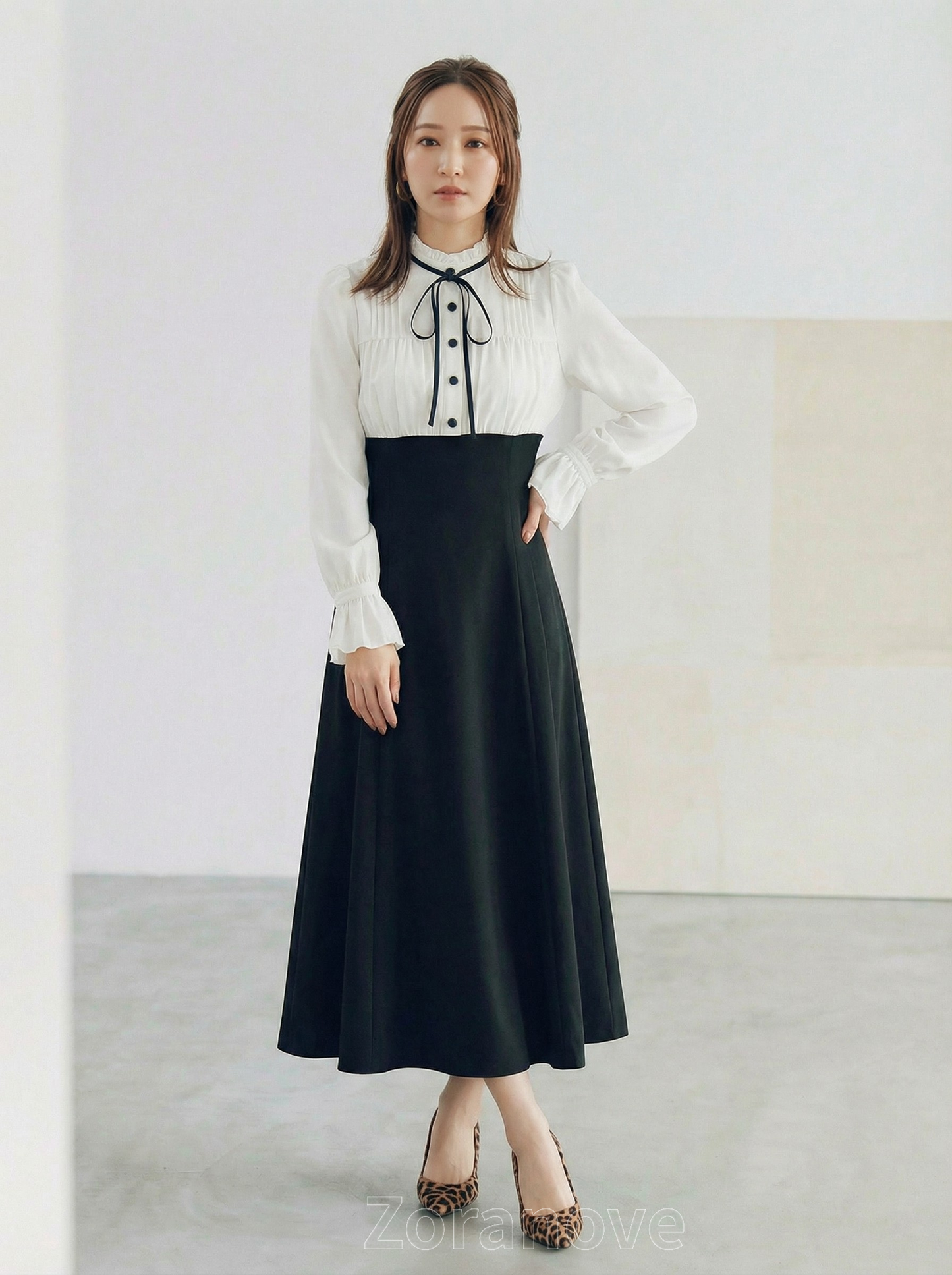 蝴蝶結立領拼接高腰收腰假兩件連身裙