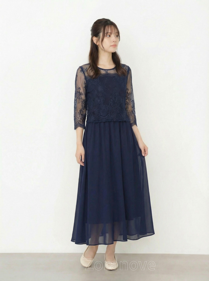 蕾絲罩衫拼接飄逸A字擺假兩件式中長洋裝