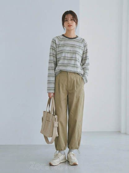 深綠色條紋寬鬆落肩長袖T恤