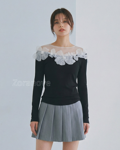 網紗拼接一字領立體花朵長袖T恤