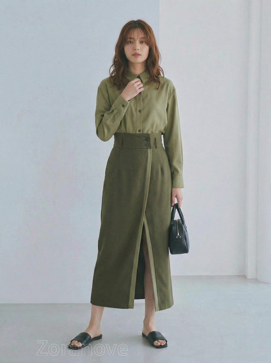 橄欖綠寬鬆襯衫＋高腰斜開襟A字裙兩件式套裝
