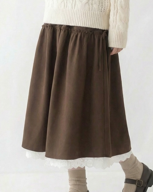 高腰鬆緊腰側邊繫帶拼接荷葉邊A字中長裙