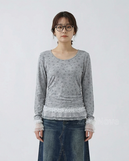 方領修身蕾絲拼接長袖T恤