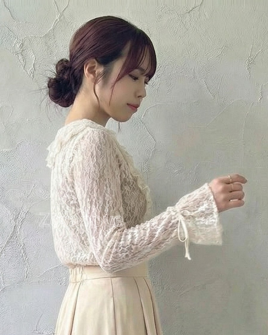 蕾絲透視荷葉邊綁帶長袖上衣