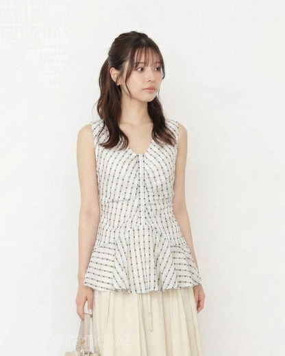 V領排扣收腰荷葉邊無袖襯衫