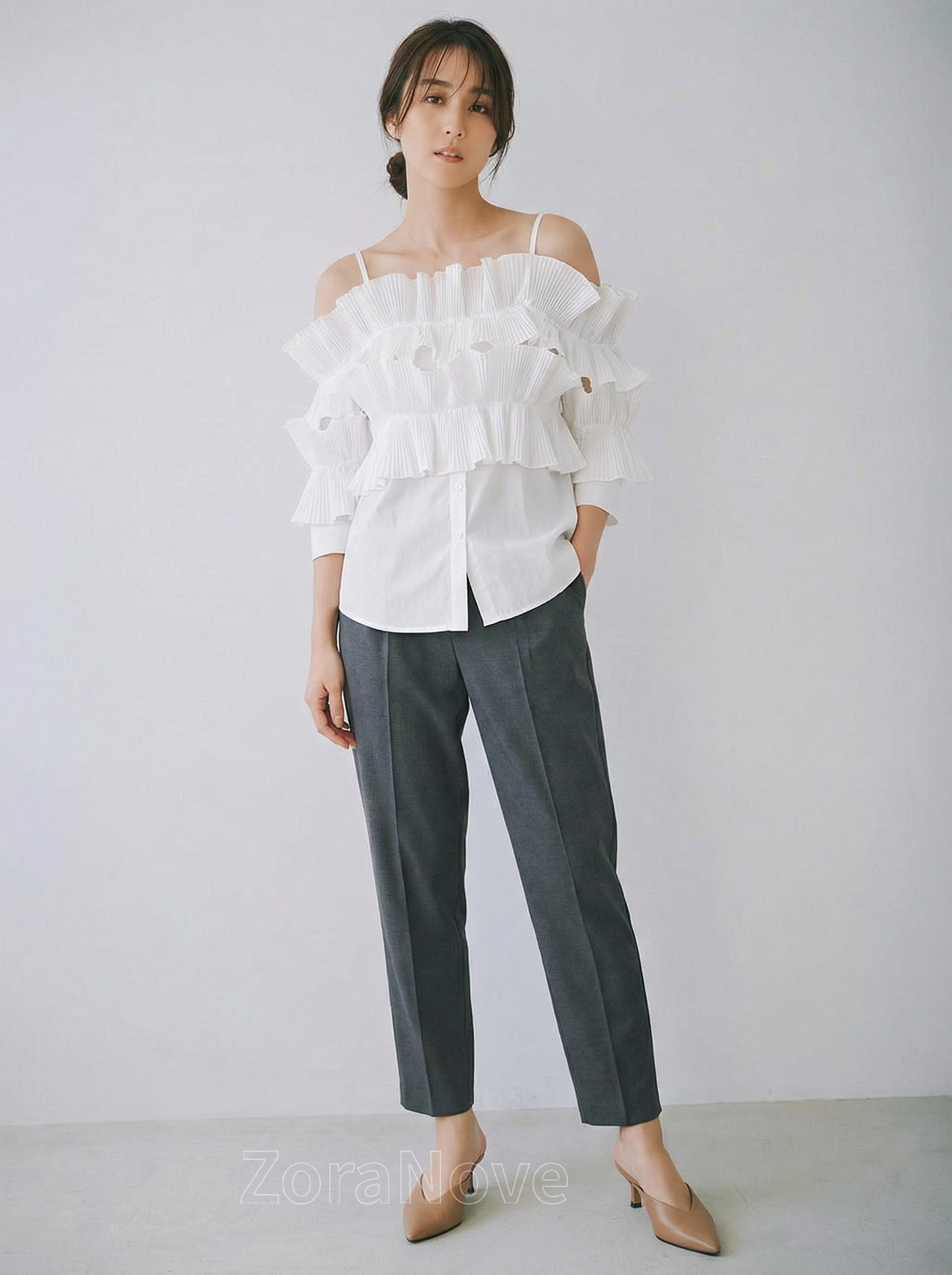 一字領荷葉褶層次感襯衫