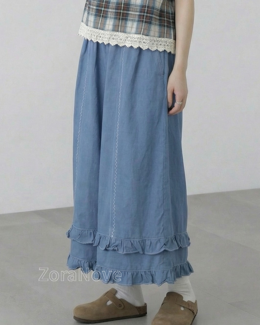 寶藍色高腰鬆緊腰褶邊闊腿長褲