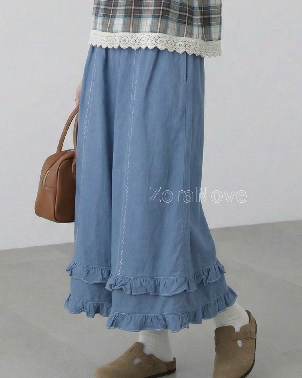 寶藍色高腰鬆緊腰褶邊闊腿長褲