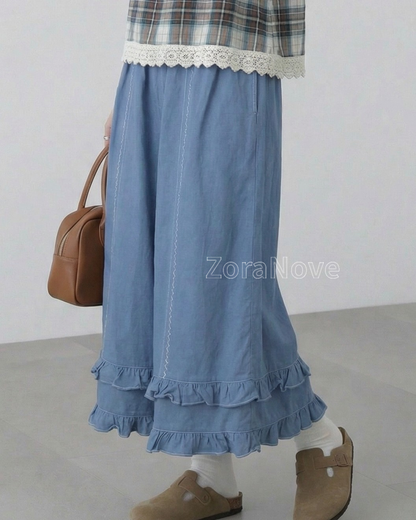 寶藍色高腰鬆緊腰褶邊闊腿長褲