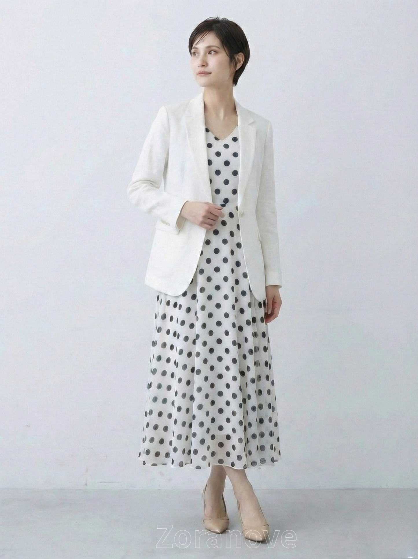 V領收腰大擺雪紡波點洋裝