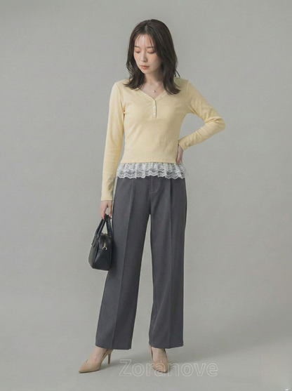 V領排扣蕾絲拼接內搭上衣