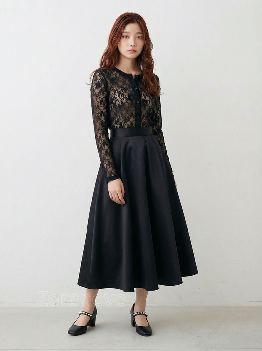 黑色蕾絲拼接修身洋裝上衣＋高腰大擺長裙兩件式套裝