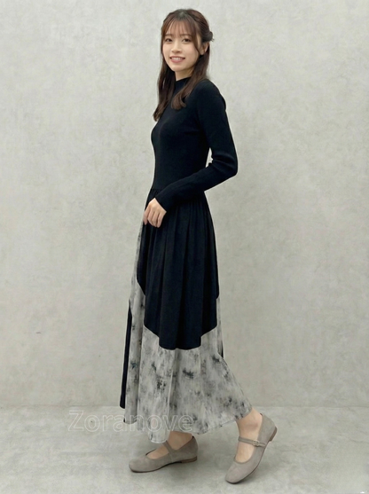 半高領拼接百褶針織洋裝