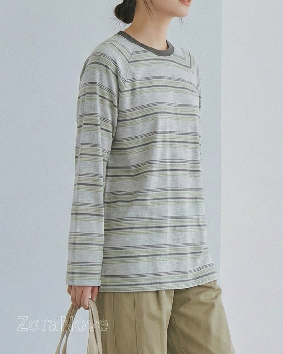 深綠色條紋寬鬆落肩長袖T恤