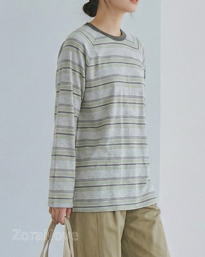 深綠色條紋寬鬆落肩長袖T恤