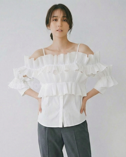 一字領荷葉褶層次感襯衫