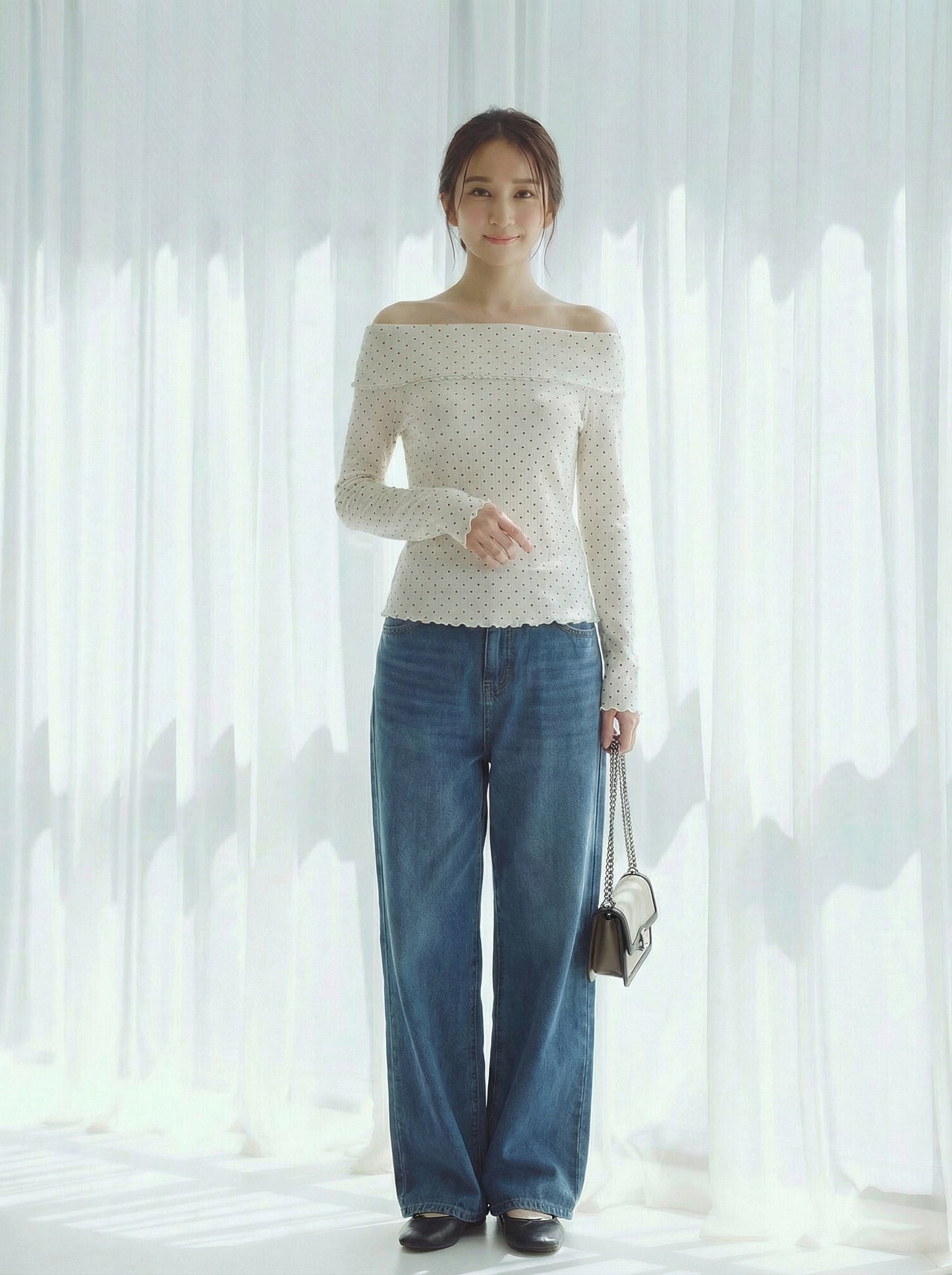 一字領露肩波點修身T恤