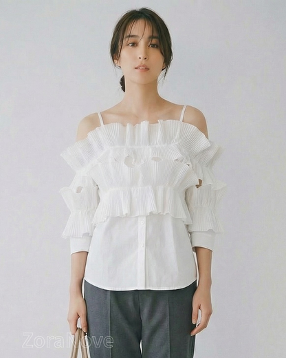 一字領荷葉褶層次感襯衫