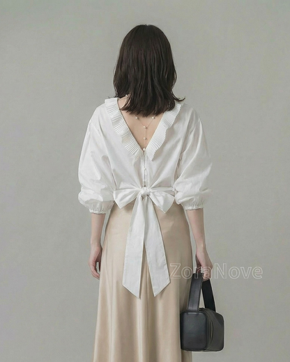 皺褶荷葉領露背綁帶襯衫