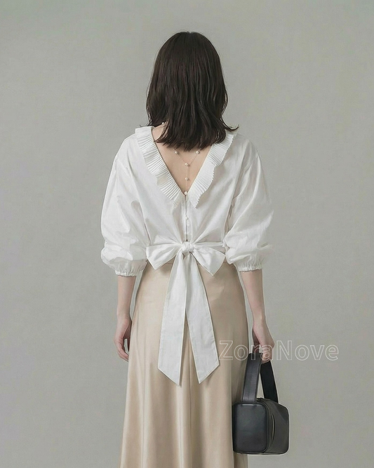 皺褶荷葉領露背綁帶襯衫