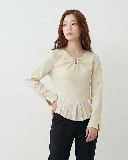 U型環扣抽褶收腰百褶荷葉下擺襯衫