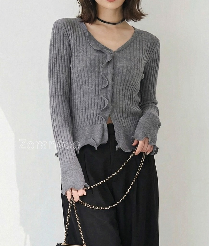 灰階V領荷葉邊修身羅紋針織上衣