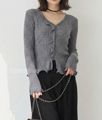 灰階V領荷葉邊修身羅紋針織上衣