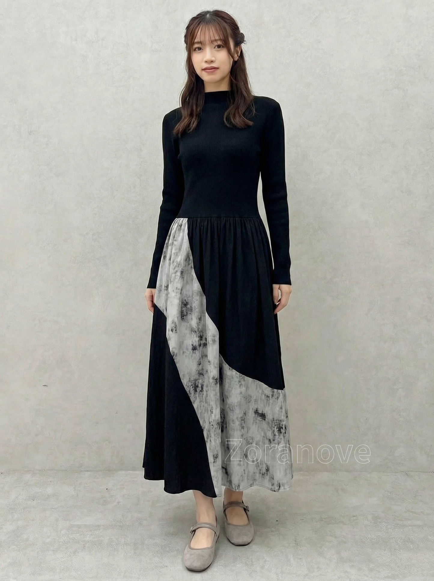 半高領拼接百褶針織洋裝