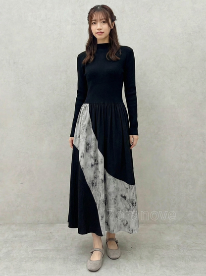 半高領拼接百褶針織洋裝