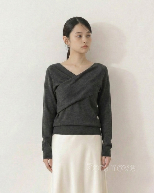 斜肩大翻領修身針織衫