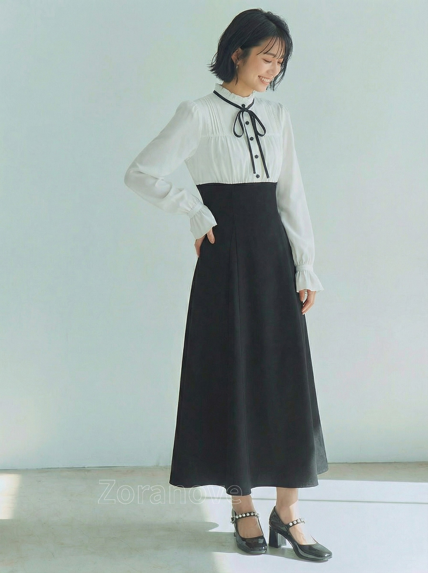 蝴蝶結立領拼接高腰收腰假兩件連身裙