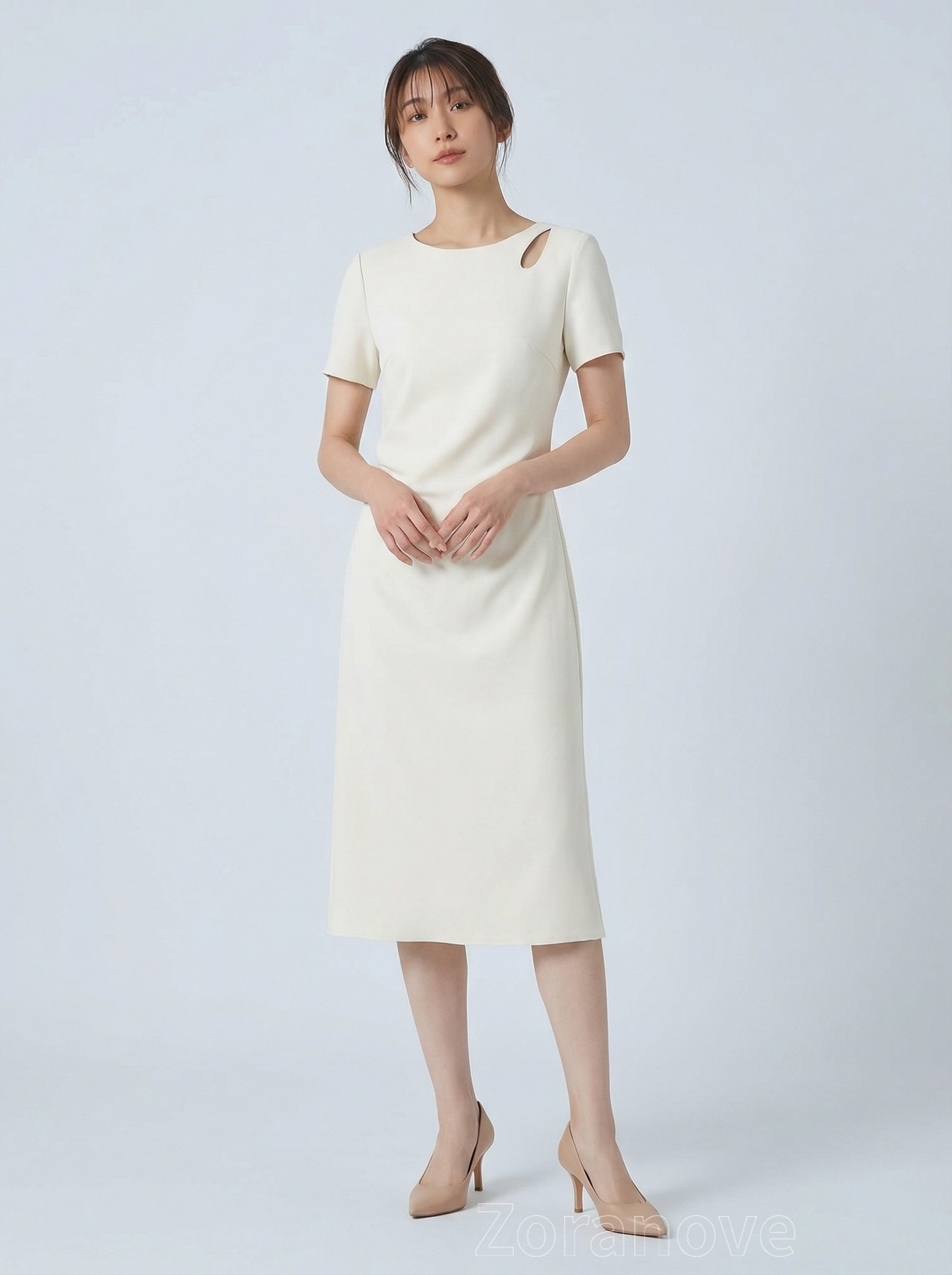 肩部鏤空收腰A字短袖洋裝