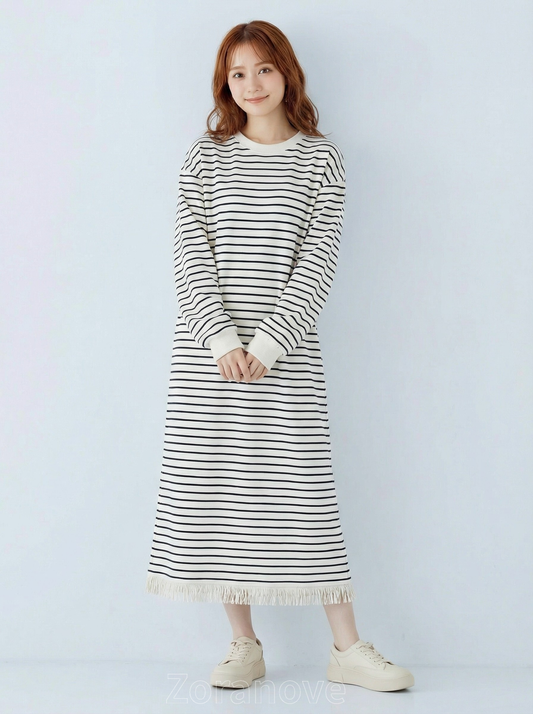 黑色細條紋流蘇下擺寬鬆連身裙
