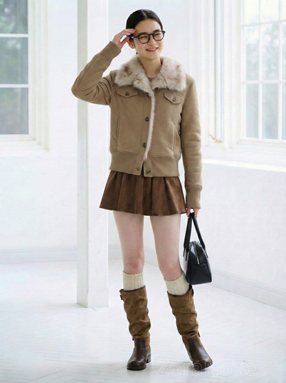 毛絨翻領短版收腰連帽衛衣外套