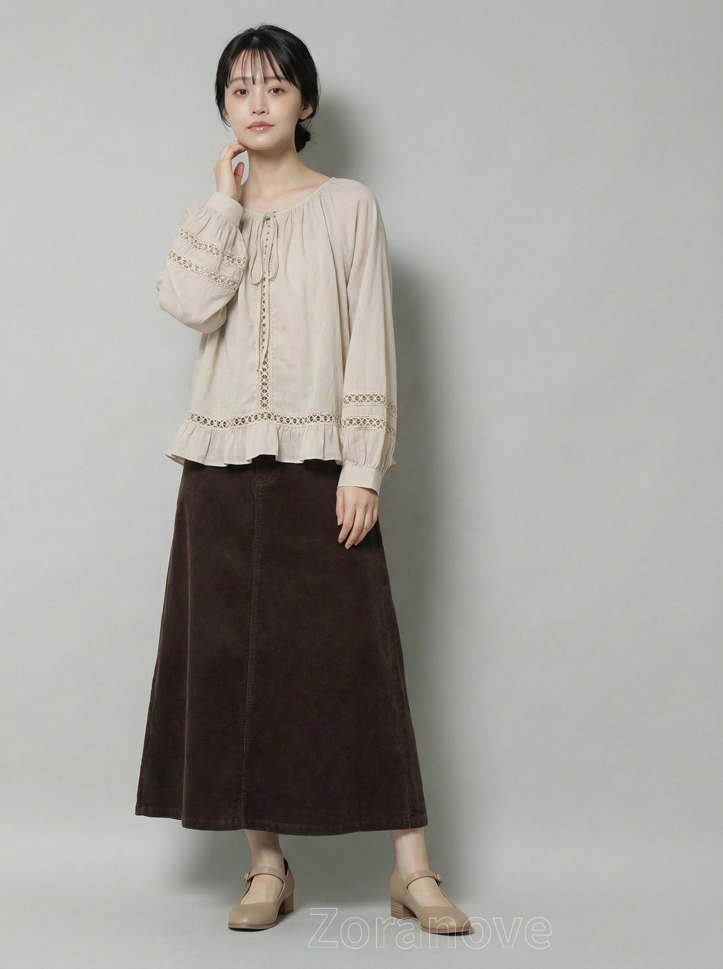 抽繩一字領蕾絲拼接荷葉邊襯衫