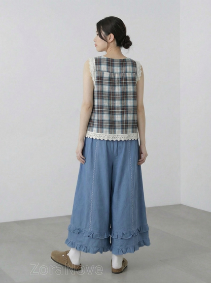 寶藍色高腰鬆緊腰褶邊闊腿長褲