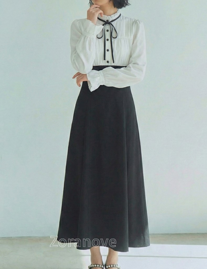 蝴蝶結立領拼接高腰收腰假兩件連身裙