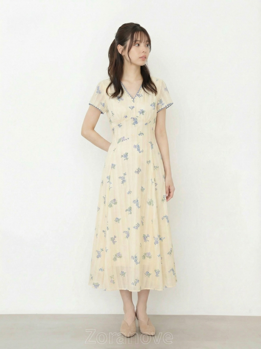 藍邊波浪V領收腰綁帶碎花洋裝