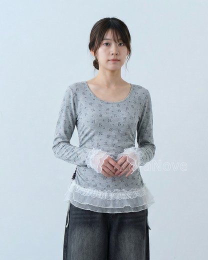 方領修身蕾絲拼接長袖T恤