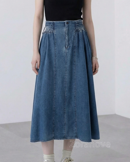 高腰繫繩褶皺A字牛仔裙