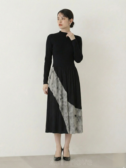 半高領拼接百褶針織洋裝