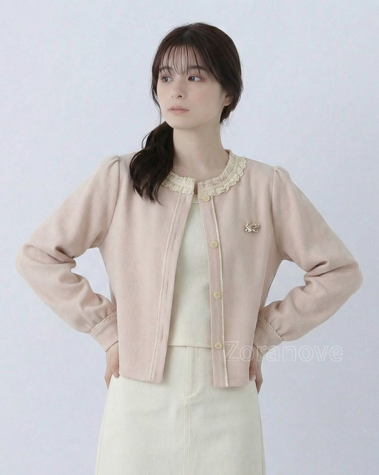 蕾絲花邊圓領直筒短版開襟外套